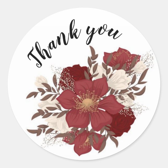 Thank you with red flowers classic round sticker (Front)