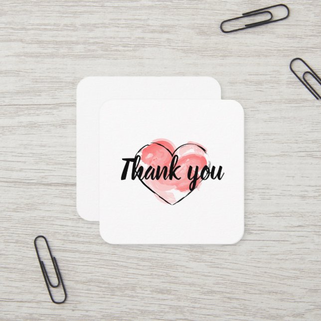 Thank you with red heart business square business card (Front/Back In Situ)