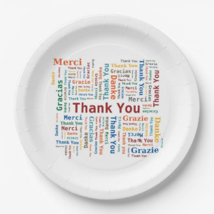 Thank You Word Cloud - 5 Languages - Multicolored Paper Plate