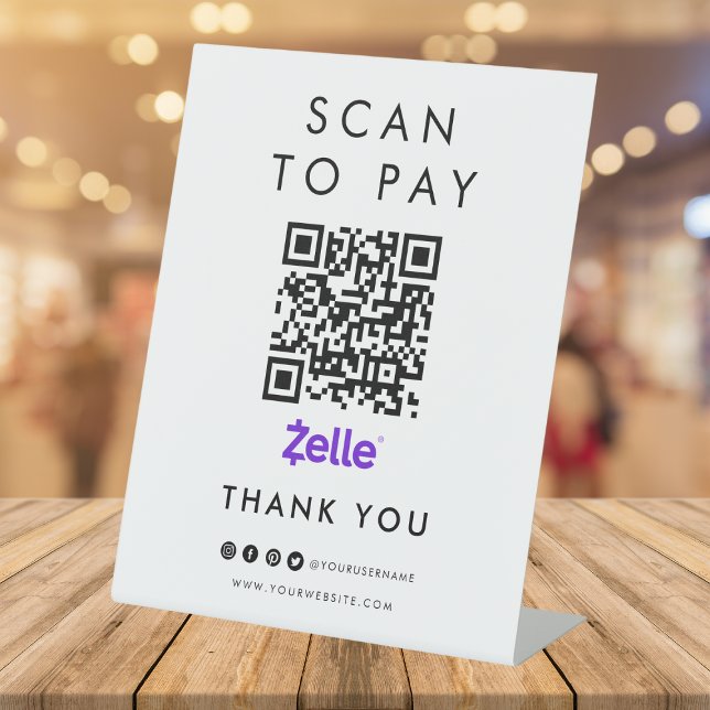 Thank you Zelle Scan to Pay QR Code Modern White Pedestal Sign (Creator Uploaded)