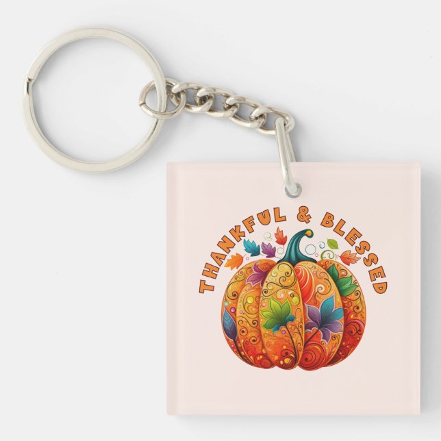 Thankful and Blessed Autumn Pumpkin Keychain (Front)