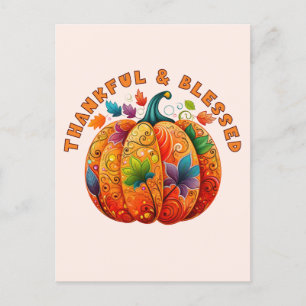 Thankful and Blessed Autumn Pumpkin Postcard