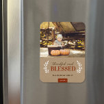 Thankful and Blessed Thanksgiving Photo Magnet<br><div class="desc">Custom printed holiday photo magnets with a simple template for customization. This modern rustic design has a mix of typography in warm autumn neutrals on a faux kraft paper background. The wording says "Thankful and Blessed". Personalize it with your photos and add your family name and the year.</div>