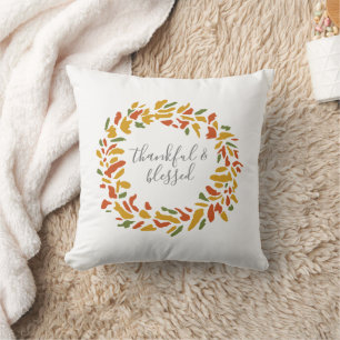 Thankful and Blessed Wreath Autumn Painting Throw Pillow