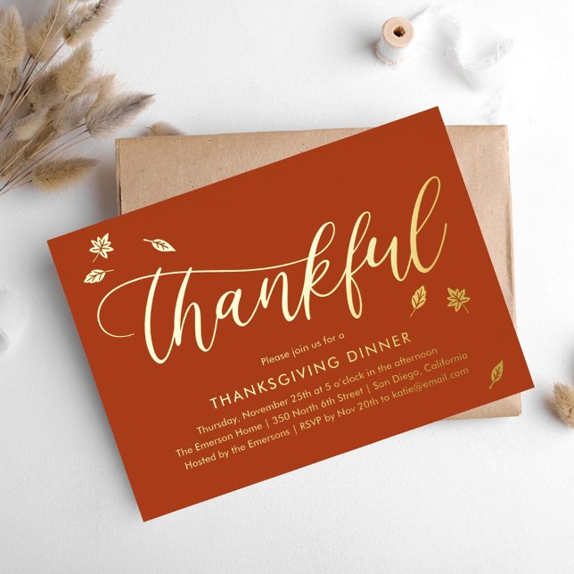 Thankful Autumn Foil Thanksgiving Party Invitation (Creator Uploaded)