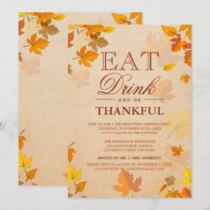 Thankful Autumn Leaves Thanksgiving Dinner Party Invitation
