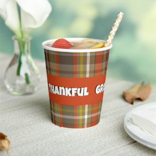 Thankful Autumn Plaid Brown Orange Grey Gold White Paper Cups