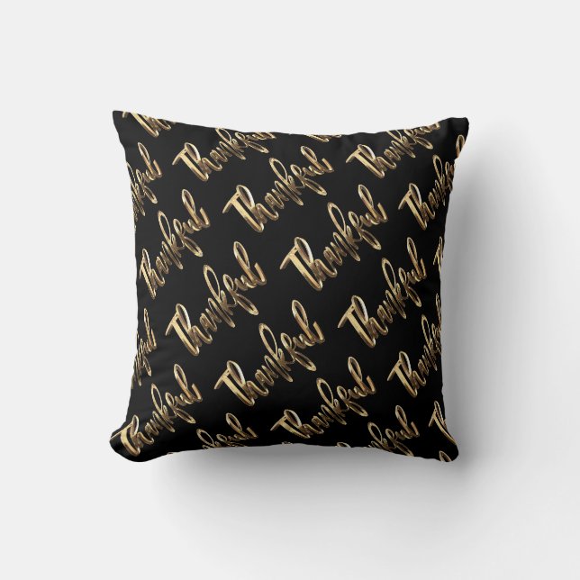 Thankful Black and Gold Script Thanksgiving Throw Pillow (Front)