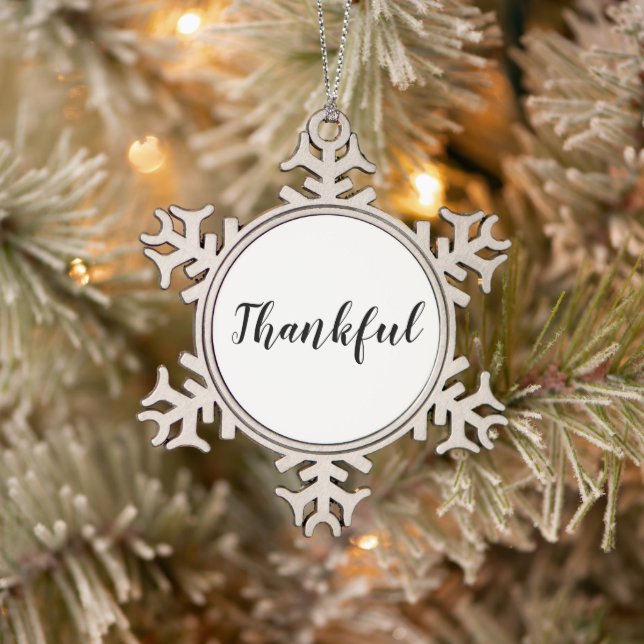 Thankful black white custom script cute snowflake pewter christmas ornament (Tree)