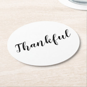 Thankful black white modern script thanksgiving round paper coaster