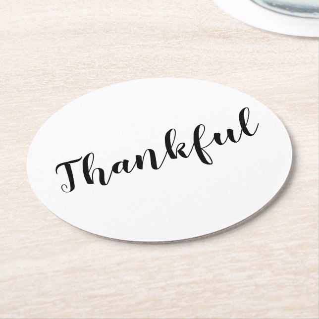 Thankful black white modern script thanksgiving round paper coaster (Angled)