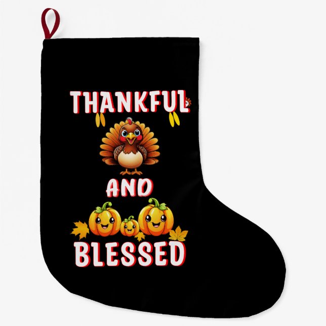Thankful Blessed 23 US Maple November Thanksgiving Large Christmas Stocking (Front)
