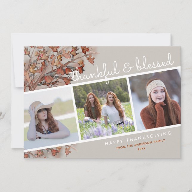 Thankful & Blessed | 3 Photos Happy Thanksgiving Holiday Card (Front)