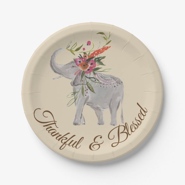 Thankful & Blessed Elephant Thanksgiving Paper Plate (Front)