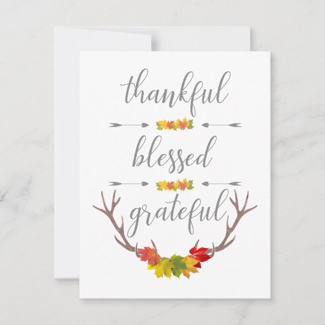 Thankful Blessed Grateful Fall Antler Thanksgiving Holiday Card (Front)