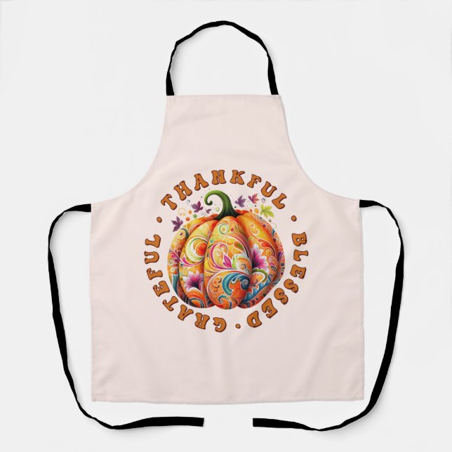 Thankful, Blessed, Grateful Floral Pumpkin Apron (Front)