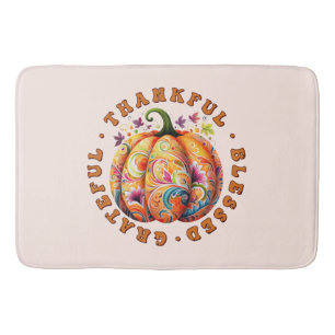 Thankful, Blessed, Grateful Floral Pumpkin Bath Mat