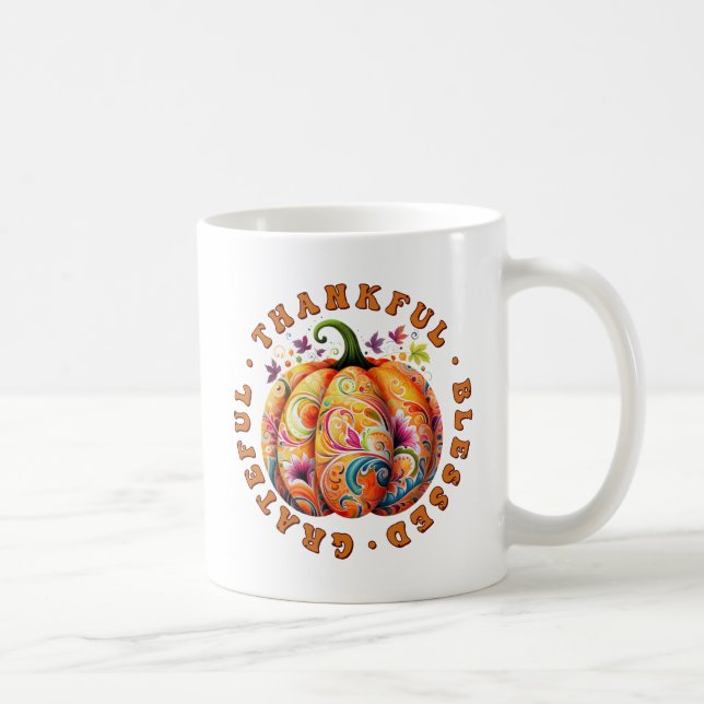 Thankful, Blessed, Grateful Floral Pumpkin Coffee Mug (Right)