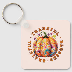 Thankful, Blessed, Grateful Floral Pumpkin Keychain