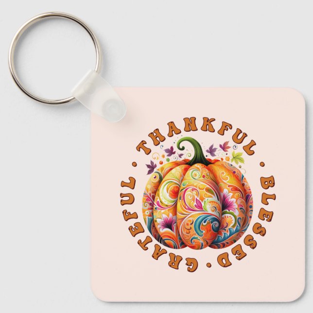 Thankful, Blessed, Grateful Floral Pumpkin Keychain (Front)