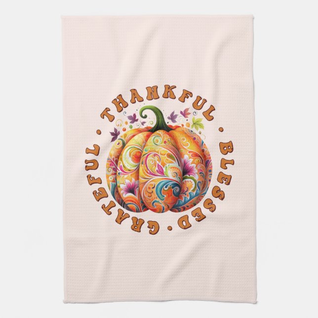 Thankful, Blessed, Grateful Floral Pumpkin Kitchen Towel (Vertical)