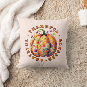 Thankful, Blessed, Grateful Floral Pumpkin Throw Pillow