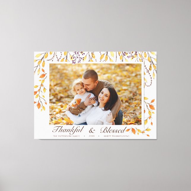 Thankful & Blessed Happy Thanksgiving Fall Foliage Canvas Print (Front)