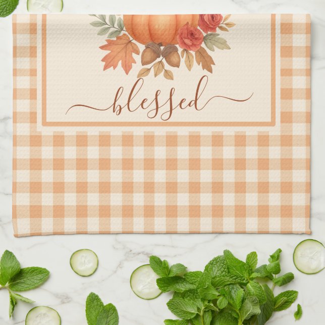 Thankful & Blessed Pumpkin | Fall Thanksgiving  Kitchen Towel (Folded)