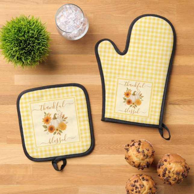 Thankful & Blessed Pumpkin | Fall Thanksgiving  Oven Mitt & Pot Holder Set (Top Down)