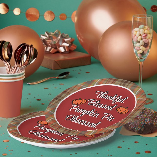 Thankful Blessed Pumpkin Pie Obsessed Thanksgiving Paper Plate (Multi)