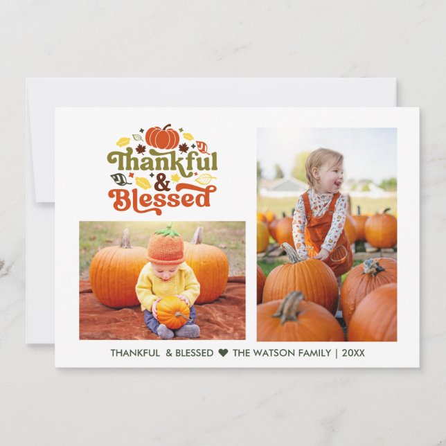 Thankful & Blessed Thanksgiving Two Photo Holiday Card (Front)