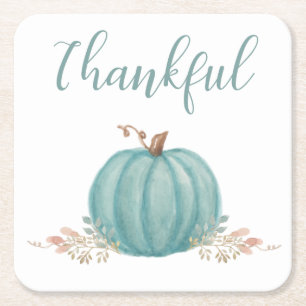 "Thankful" Blue Pumpkin Square Paper Coaster
