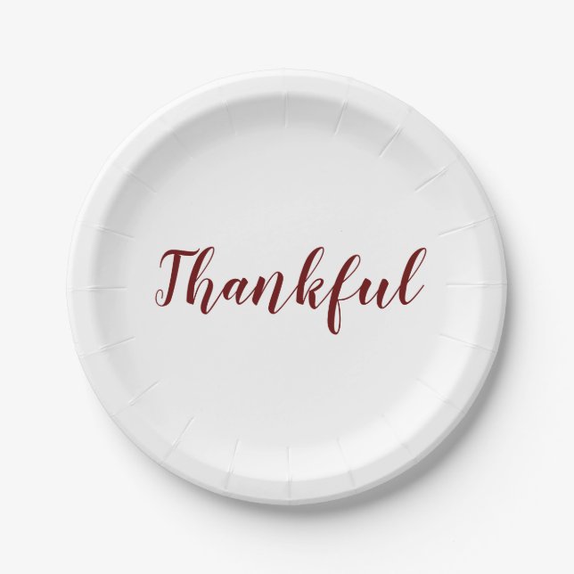 Thankful burgundy maroon white script thanksgiving paper plate (Front)