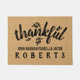 Thankful Burlap Farmhouse Autumn Leaves Custom Doormat