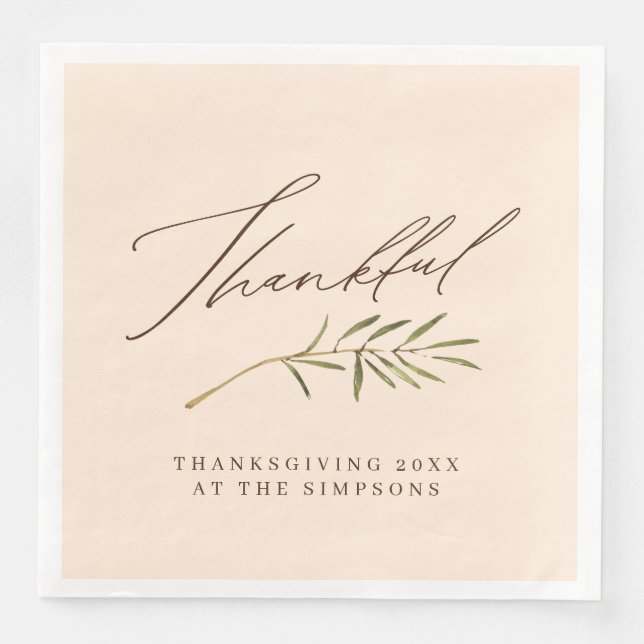 Thankful Calligraphy & Leaves Family Thanksgiving Napkin (Front)