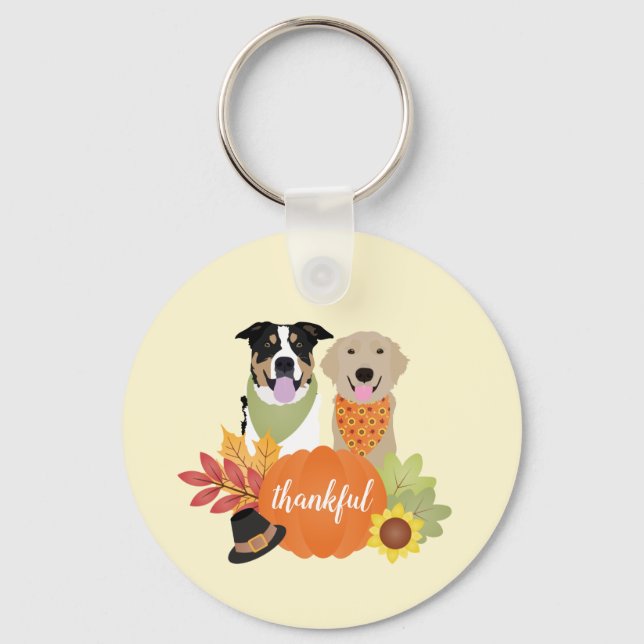 Thankful Dogs Thanksgiving Harvest Pumpkins Keychain (Front)