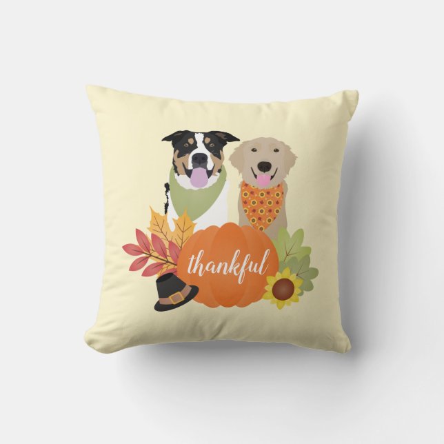 Thankful Dogs Thanksgiving Harvest Pumpkins Throw Pillow (Front)