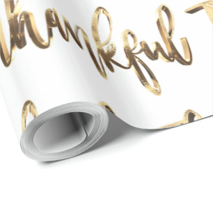 Thankful Elegant Faux Gold Script Thanksgiving Wrapping Paper