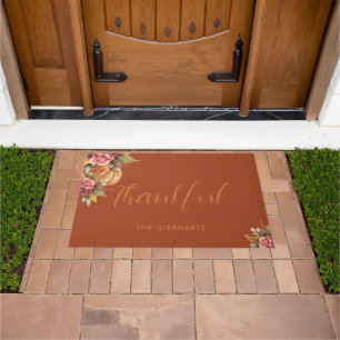 Thankful Fall Orange Pumpkin Foliage Family Doormat