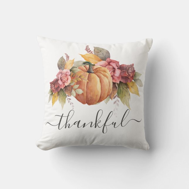 Thankful Fall Pumpkin Rust Leaves Throw Pillow (Front)