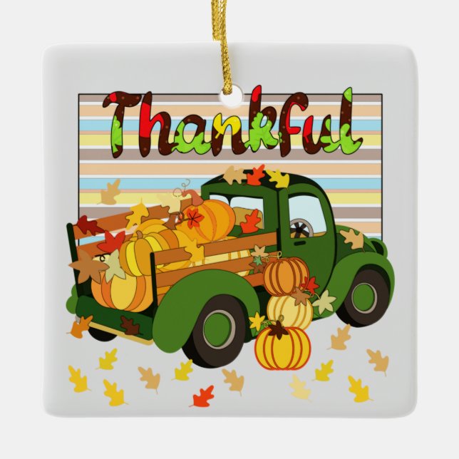 Thankful - Fall Truck Pumpkins Thanksgiving Leaves Ceramic Ornament (Front)