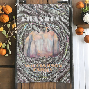 Thankful family name script pumpkin rustic autumn  kitchen towel