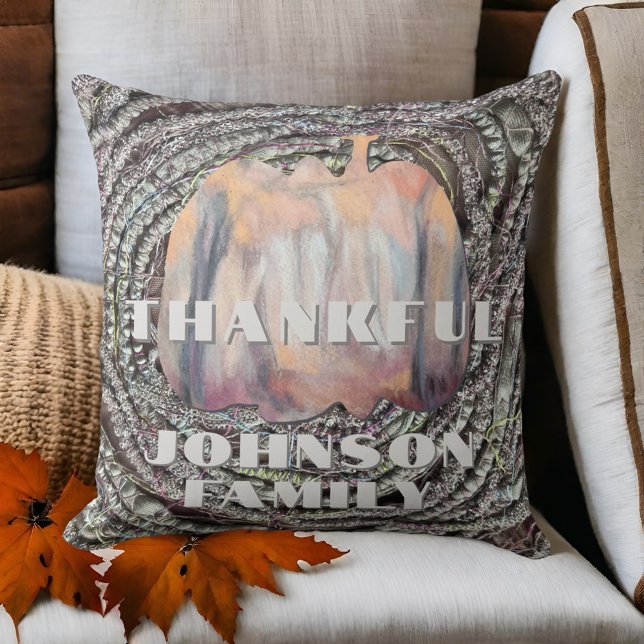 Thankful family name script pumpkin rustic autumn  throw pillow (Creator Uploaded)
