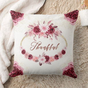 THANKFUL Fancy Script Burgundy Floral Gold Wreath Throw Pillow