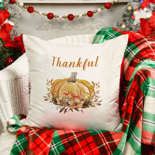 Thankful Floral Fall Pumpkin Thanksgiving Throw Pillow