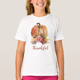 Thankful Floral Orange Pumpkin Autumn Thanksgiving T-Shirt