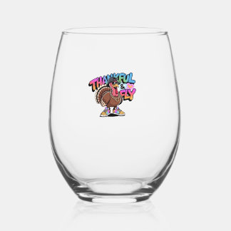 Thankful & Fly Turkey � Colorful Urban Cartoon Ove Stemless Wine Glass