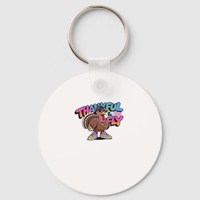 Thankful & Fly Turkey � Colourful Urban Cartoon Ov Keychain (Front)