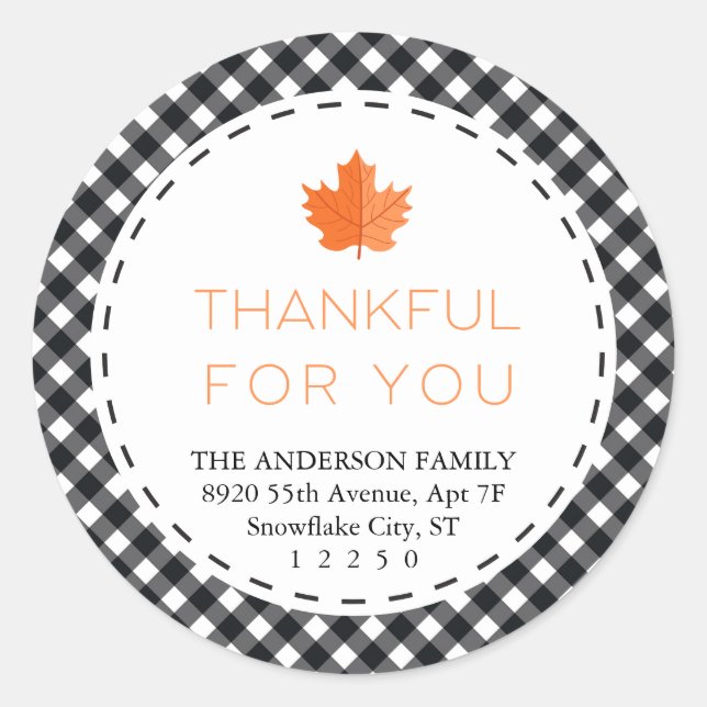 Thankful For You |Black & White Plaid Thanksgiving Classic Round Sticker (Front)