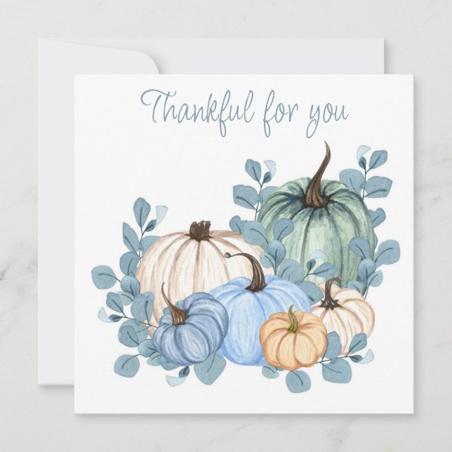 Thankful for you blue leaves pumpkin Thanksgiving Card (Front)